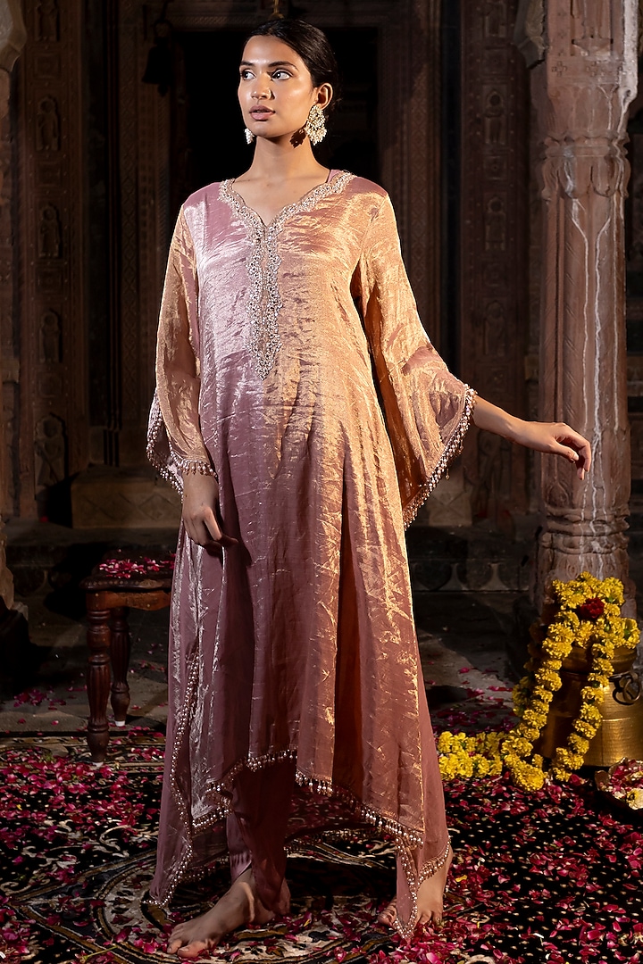 Pink & Golden Chanderi Tissue Pearl Hand Embroidered Kaftan Set by Farha Syed at Pernia's Pop Up Shop