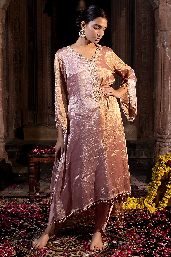 Pink & Golden Chanderi Tissue Pearl Hand Embroidered Kaftan Set by Farha Syed at Pernia's Pop Up Shop