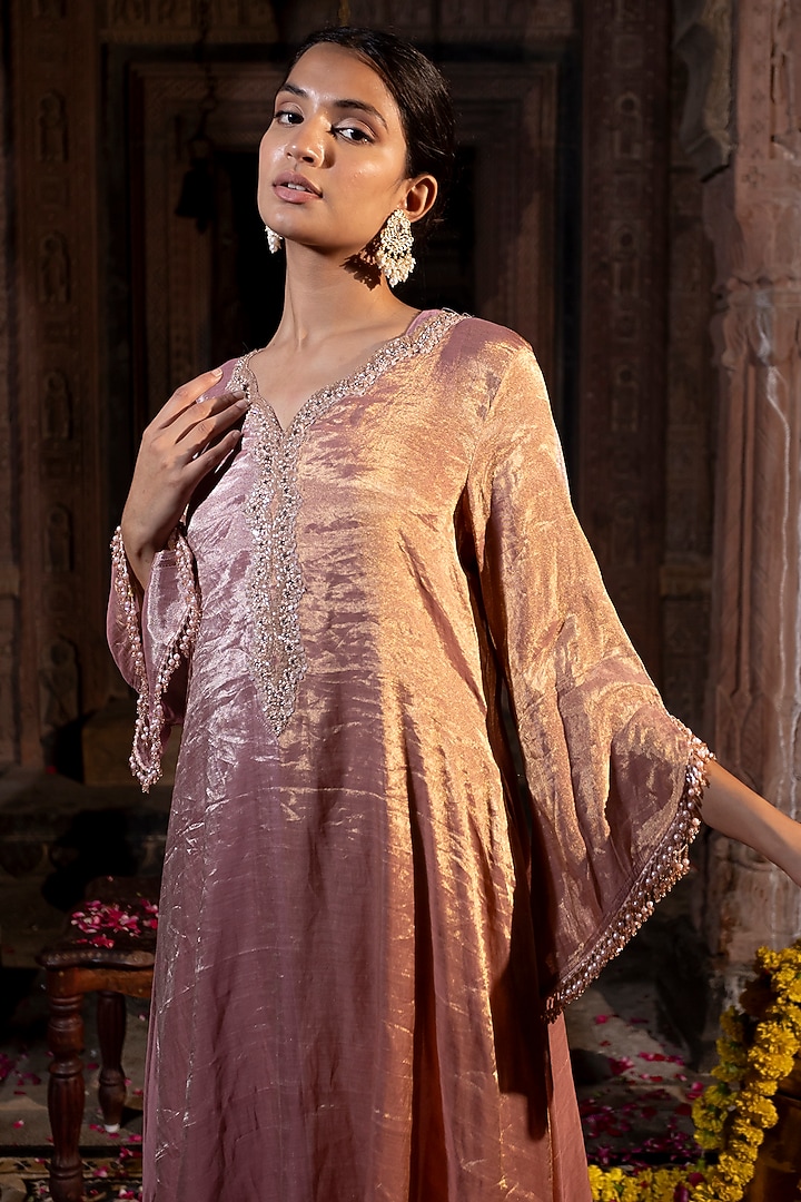 Pink & Golden Chanderi Tissue Pearl Hand Embroidered Kaftan Set by Farha Syed at Pernia's Pop Up Shop