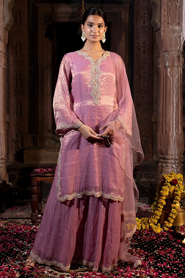 Pink Chanderi Silk Tissue Zardosi Hand Embroidered Kurta Set by Farha Syed at Pernia's Pop Up Shop