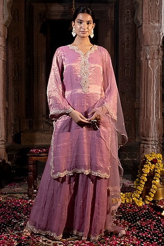 Pink Chanderi Silk Tissue Zardosi Hand Embroidered Kurta Set by Farha Syed