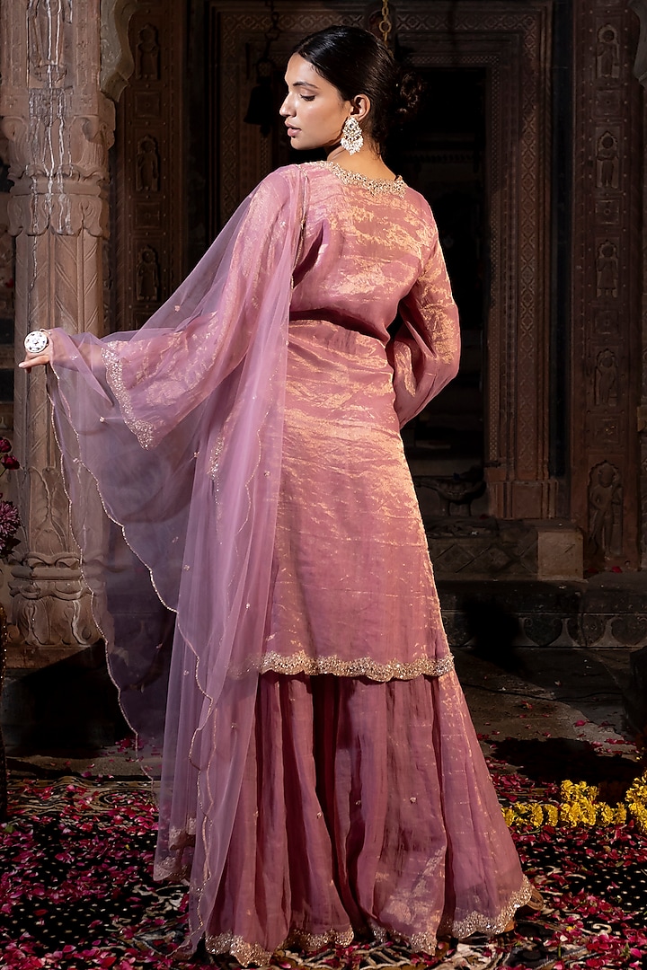 Pink Chanderi Silk Tissue Zardosi Hand Embroidered Kurta Set by Farha Syed at Pernia's Pop Up Shop