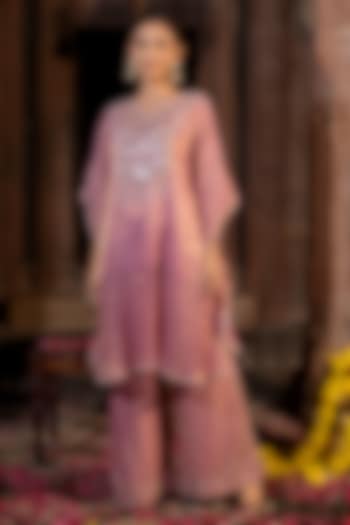 Pink Chanderi Silk Tissue Pearl Hand Embroidered Kaftan Set by Farha Syed at Pernia's Pop Up Shop