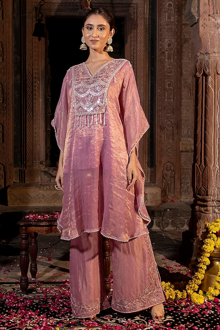 Pink Chanderi Silk Tissue Pearl Hand Embroidered Kaftan Set by Farha Syed at Pernia's Pop Up Shop