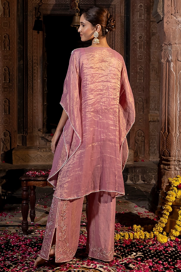 Pink Chanderi Silk Tissue Pearl Hand Embroidered Kaftan Set by Farha Syed at Pernia's Pop Up Shop