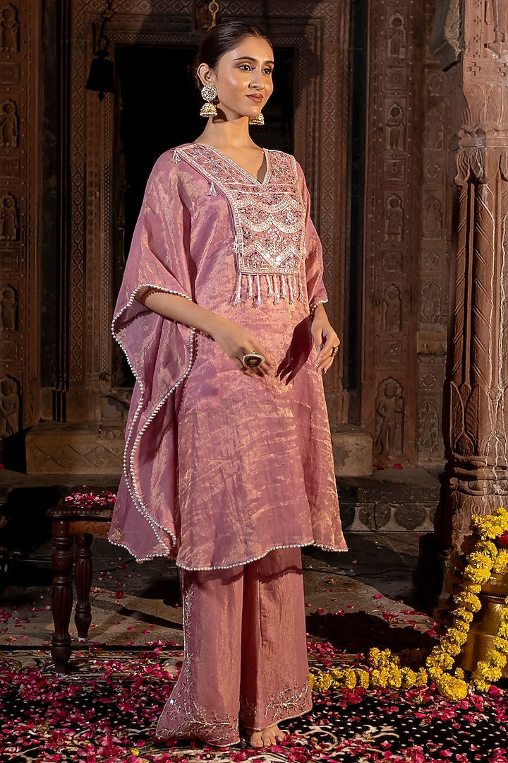 Pink Chanderi Silk Tissue Pearl Hand Embroidered Kaftan Set by Farha Syed at Pernia's Pop Up Shop