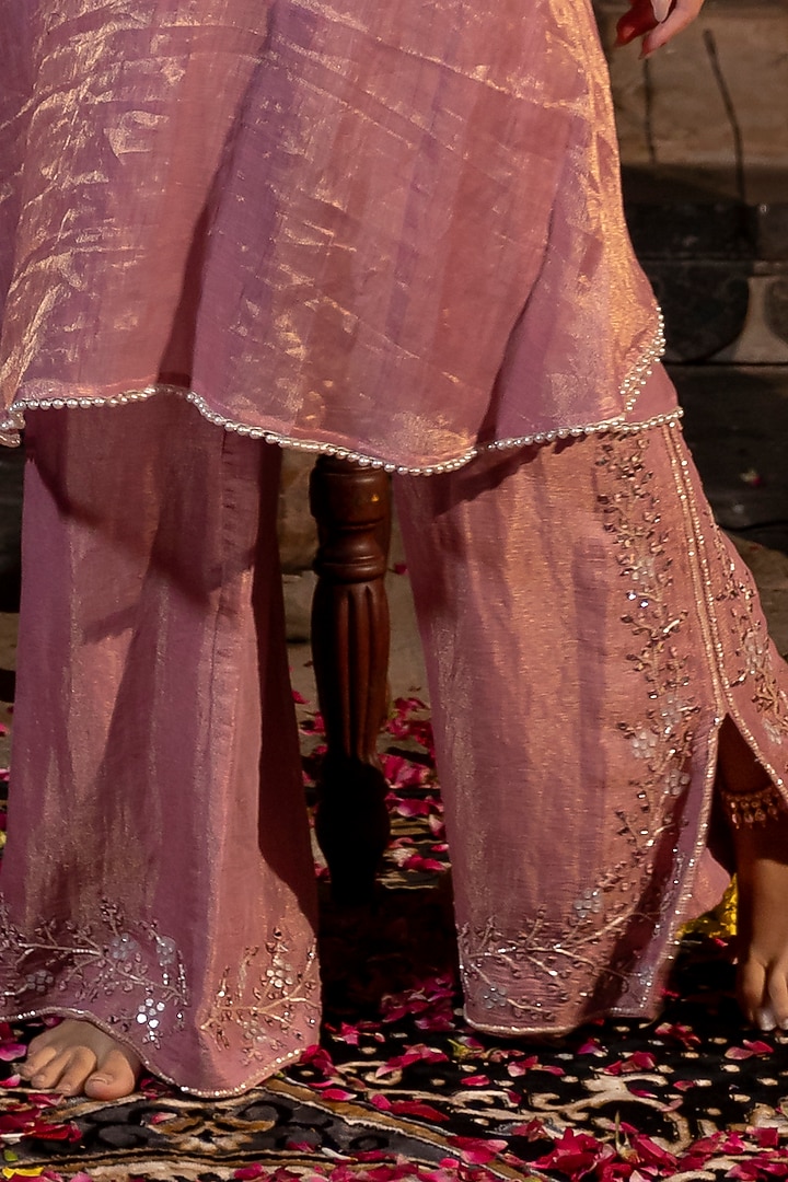 Pink Chanderi Silk Tissue Pearl Hand Embroidered Kaftan Set by Farha Syed at Pernia's Pop Up Shop