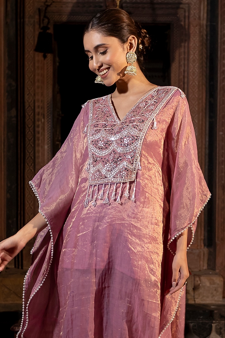 Pink Chanderi Silk Tissue Pearl Hand Embroidered Kaftan Set by Farha Syed at Pernia's Pop Up Shop
