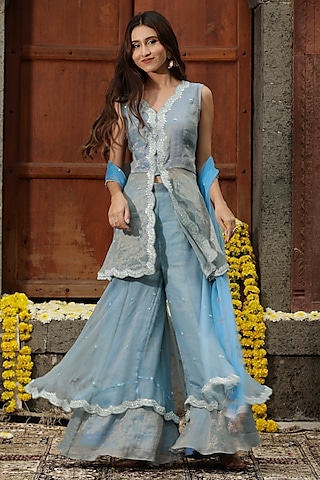 Blue Organza Sharara Set by Farha Syed