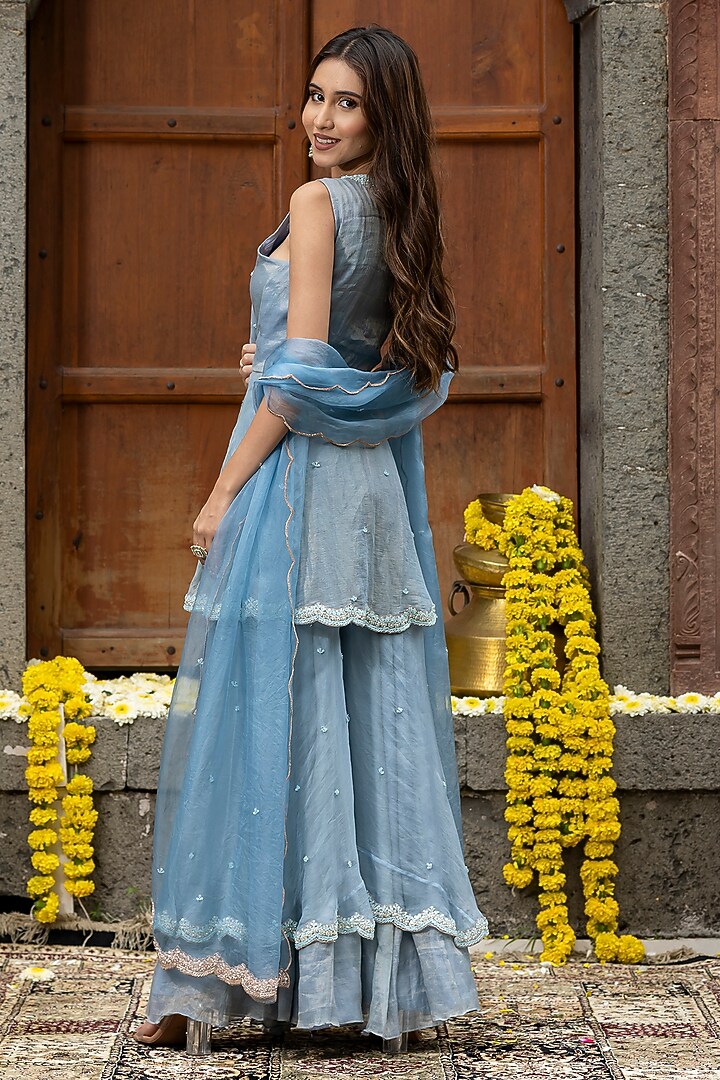 Blue Organza Wedding Sharara Set by Farha Syed at Pernia's Pop Up Shop