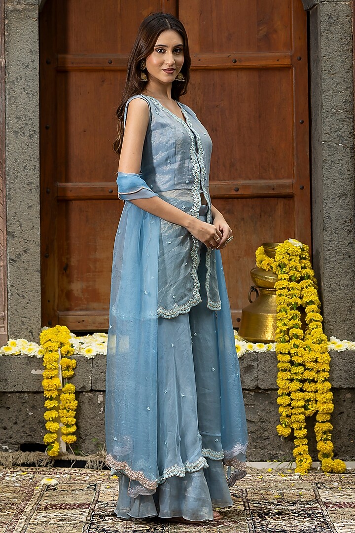 Blue Organza Wedding Sharara Set by Farha Syed at Pernia's Pop Up Shop