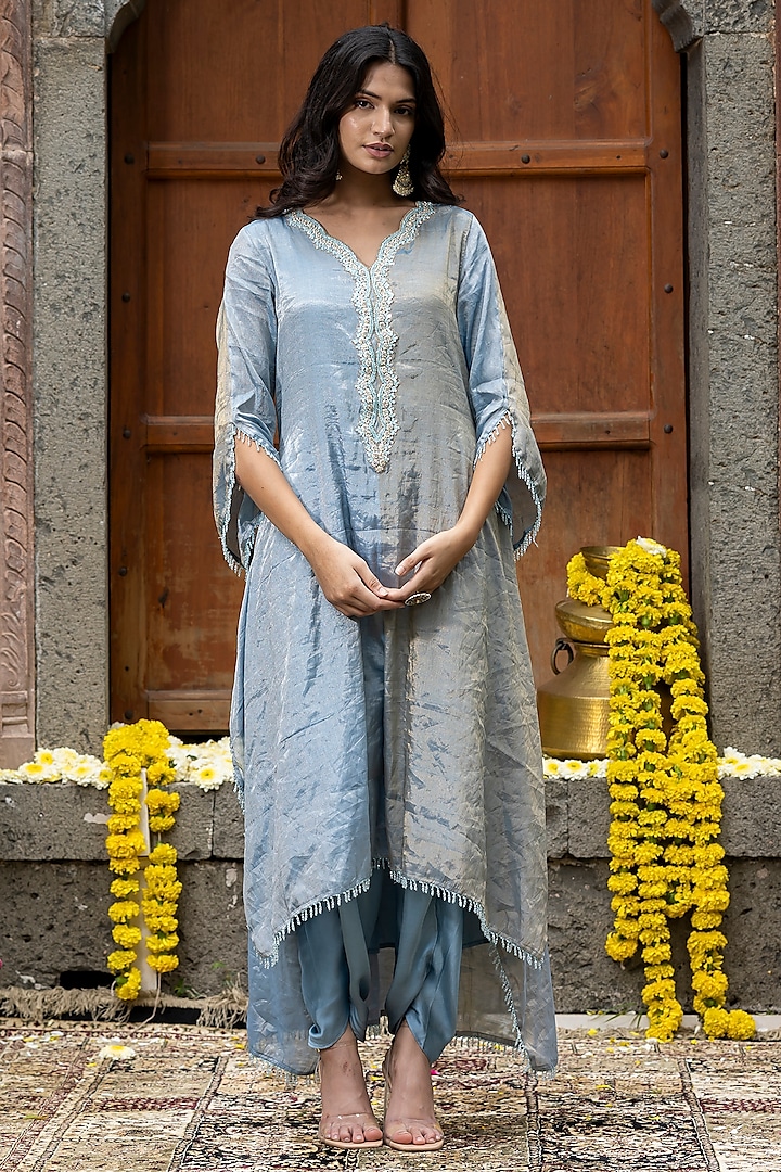 Blue & Golden Chanderi Tissue Pearl Hand Embroidered Kaftan Set by Farha Syed at Pernia's Pop Up Shop