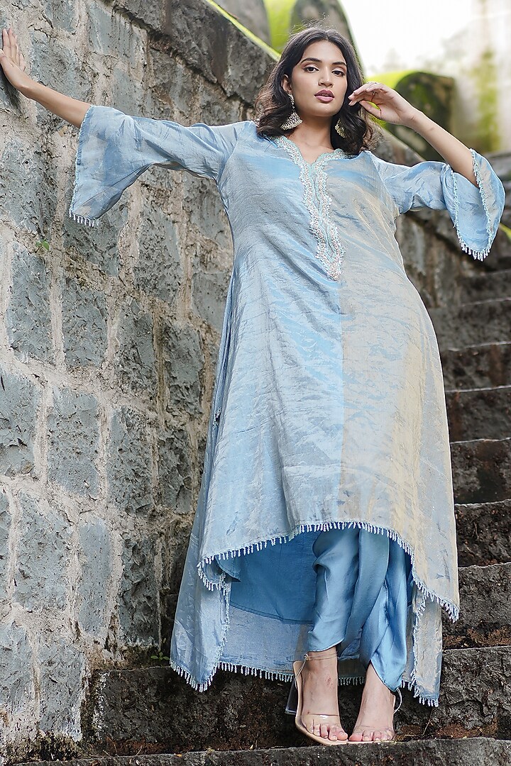 Blue & Golden Chanderi Tissue Pearl Hand Embroidered Kaftan Set by Farha Syed at Pernia's Pop Up Shop