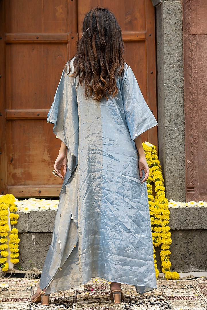 Blue & Golden Chanderi Tissue Pearl Hand Embroidered Kaftan by Farha Syed at Pernia's Pop Up Shop