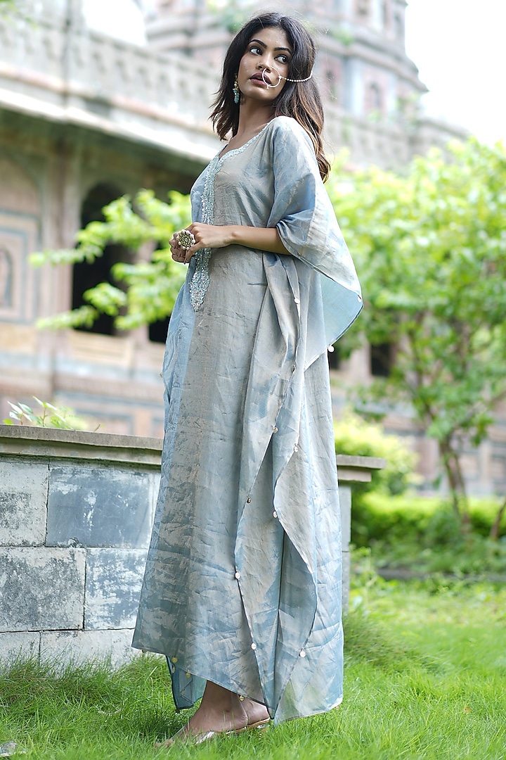 Blue & Golden Chanderi Tissue Pearl Hand Embroidered Kaftan by Farha Syed at Pernia's Pop Up Shop