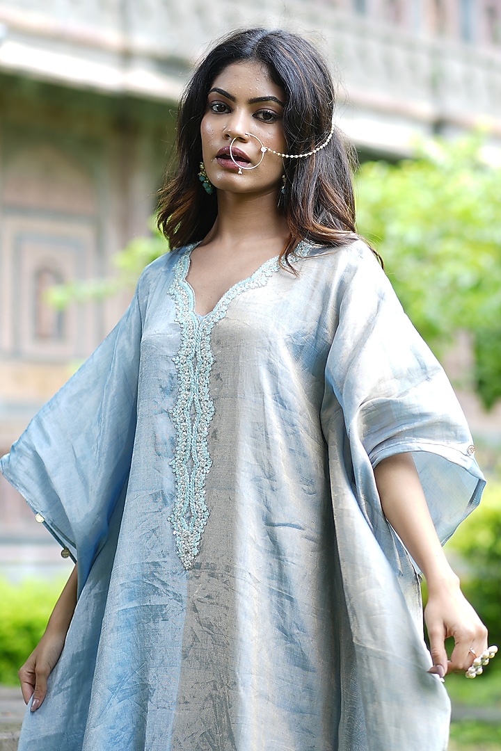 Blue & Golden Chanderi Tissue Pearl Hand Embroidered Kaftan by Farha Syed at Pernia's Pop Up Shop
