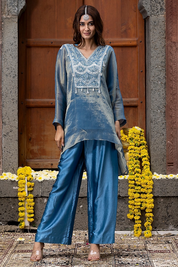 Blue Gajji Satin Pant Set by Farha Syed at Pernia's Pop Up Shop