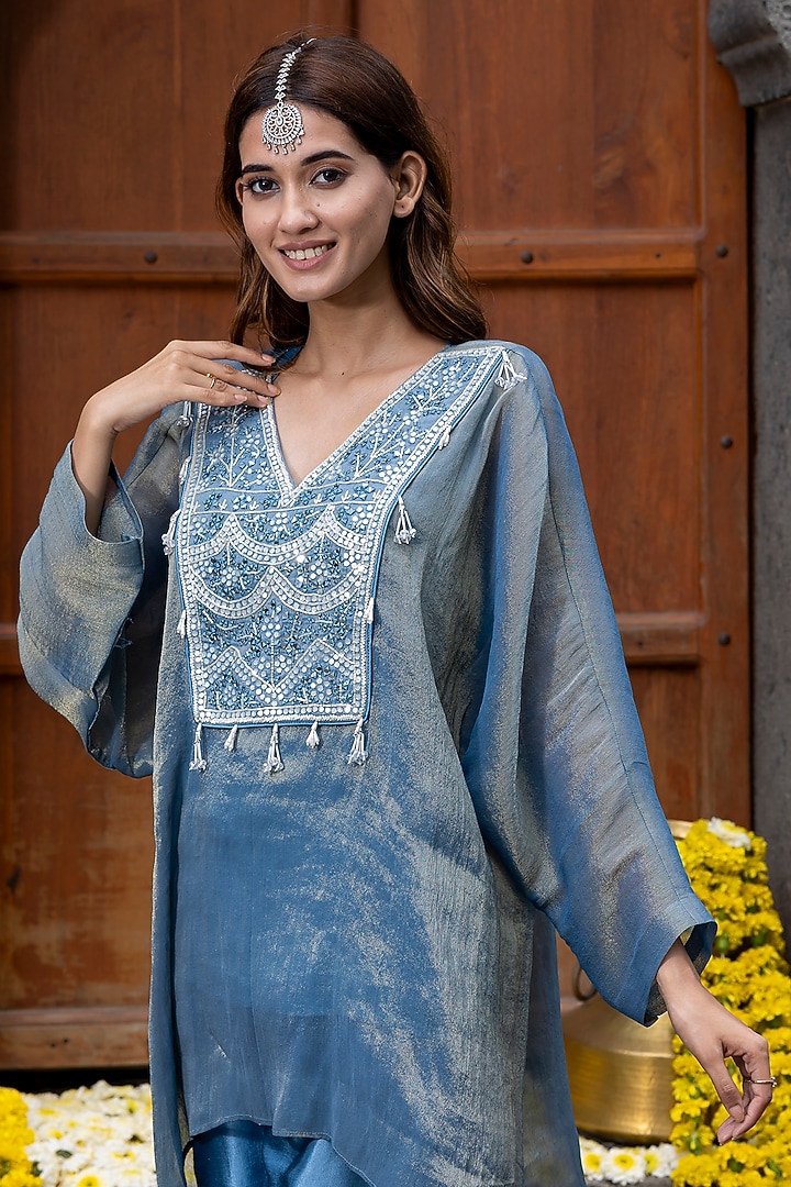 Blue Gajji Satin Pant Set by Farha Syed at Pernia's Pop Up Shop