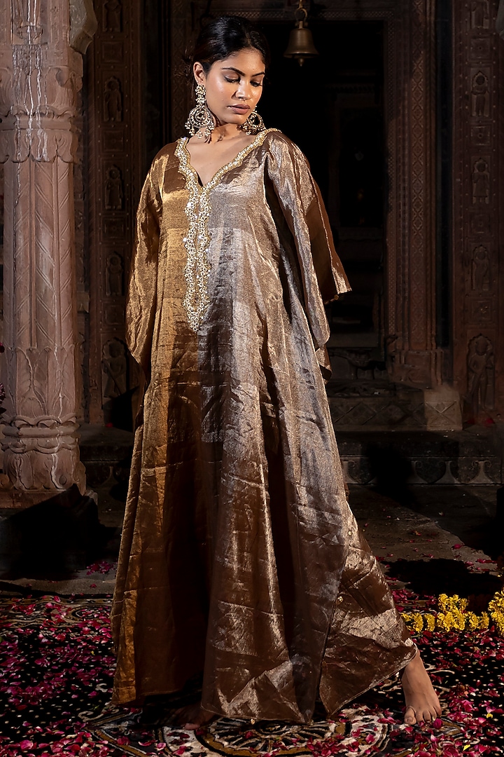 Greyish Silver & Golden Chanderi Tissue Pearl Hand Embroidered Kaftan by Farha Syed at Pernia's Pop Up Shop