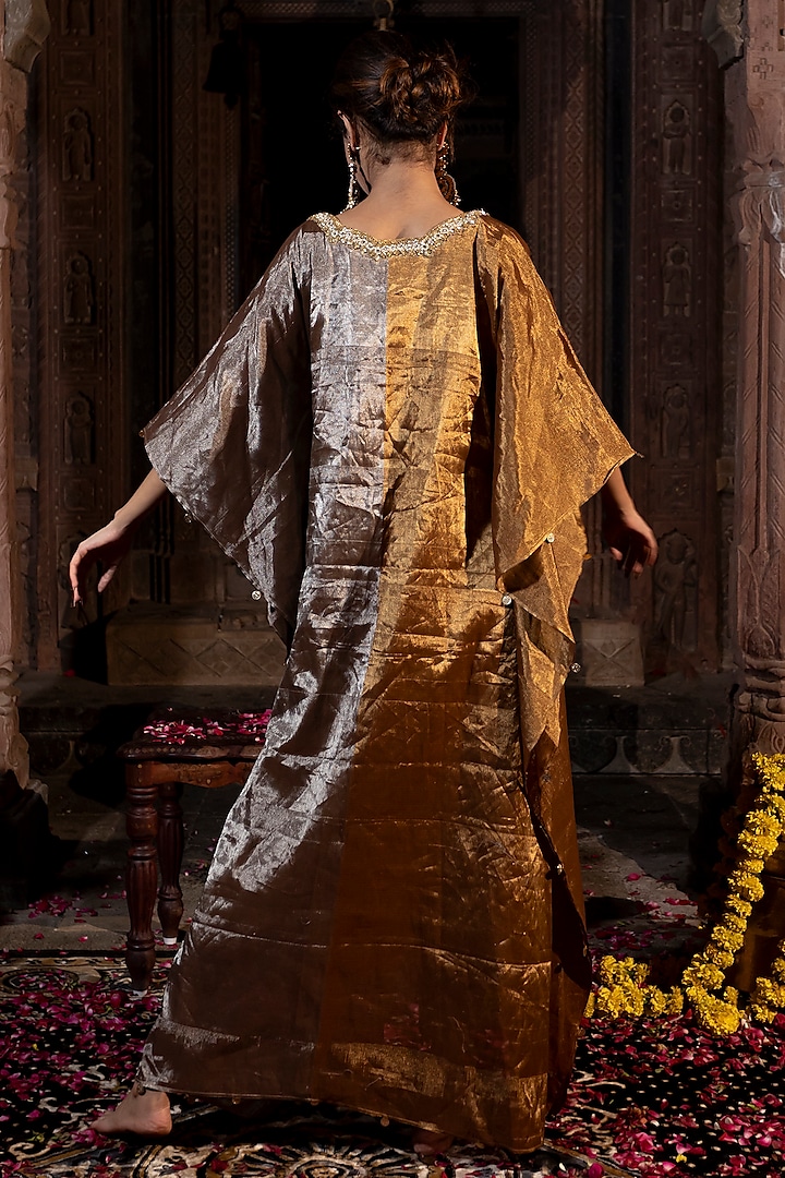 Greyish Silver & Golden Chanderi Tissue Pearl Hand Embroidered Kaftan by Farha Syed at Pernia's Pop Up Shop