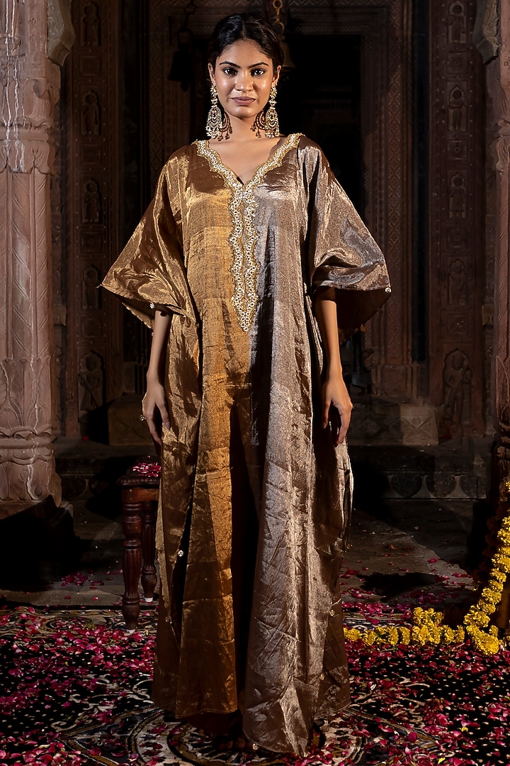 Greyish Silver & Golden Chanderi Tissue Pearl Hand Embroidered Kaftan by Farha Syed at Pernia's Pop Up Shop
