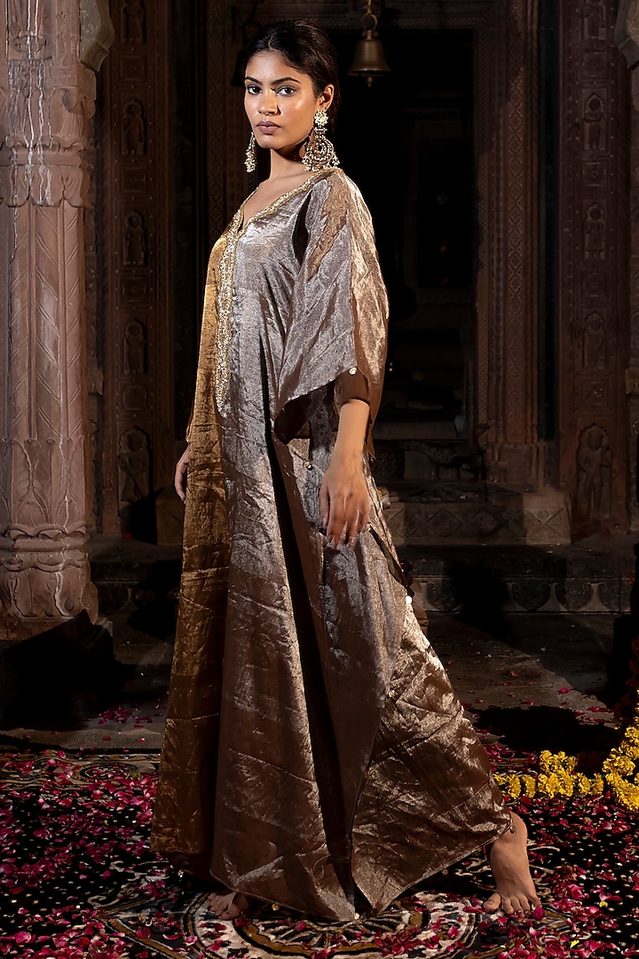 Greyish Silver & Golden Chanderi Tissue Pearl Hand Embroidered Kaftan by Farha Syed at Pernia's Pop Up Shop