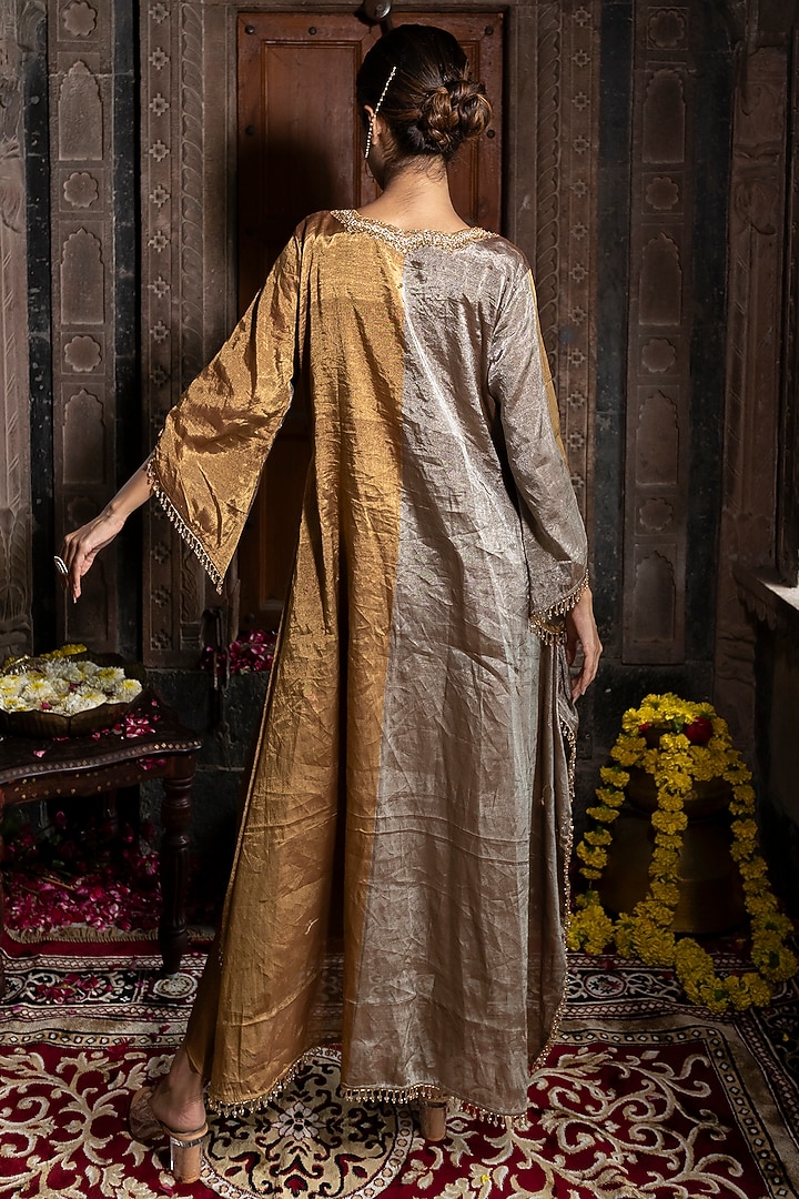 Greyish Silver & Golden Chanderi Tissue Pearl Hand Embroidered Kaftan Set by Farha Syed at Pernia's Pop Up Shop