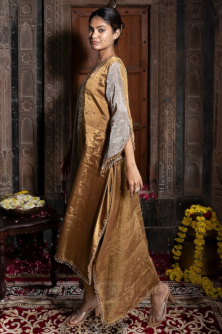Greyish Silver & Golden Chanderi Tissue Pearl Hand Embroidered Kaftan Set by Farha Syed at Pernia's Pop Up Shop