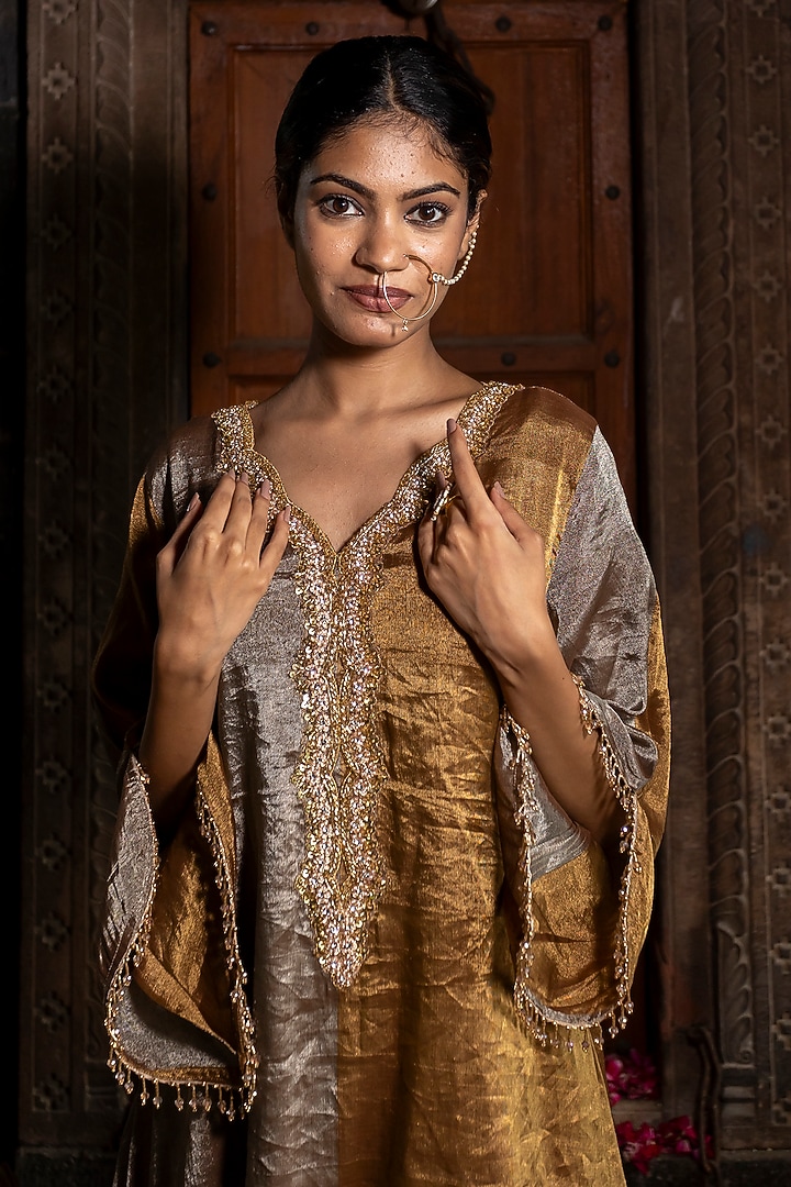 Greyish Silver & Golden Chanderi Tissue Pearl Hand Embroidered Kaftan Set by Farha Syed at Pernia's Pop Up Shop