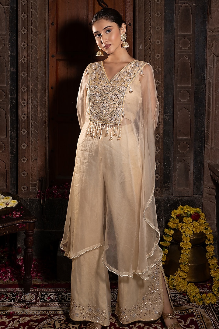 Ivory Organza Sequins & Mirror Embroidered Kaftan Set by Farha Syed at Pernia's Pop Up Shop