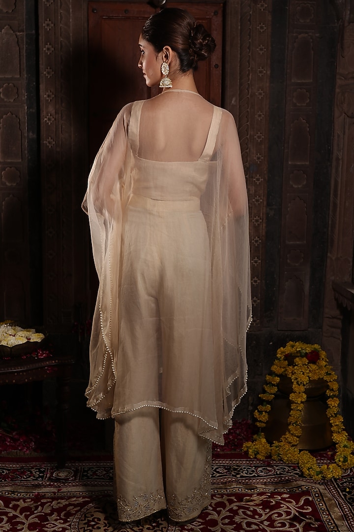 Ivory Organza Sequins & Mirror Embroidered Kaftan Set by Farha Syed at Pernia's Pop Up Shop