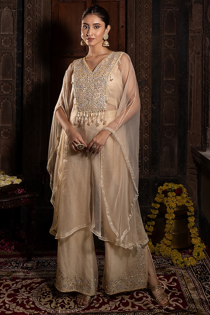 Ivory Organza Sequins & Mirror Embroidered Kaftan Set by Farha Syed at Pernia's Pop Up Shop