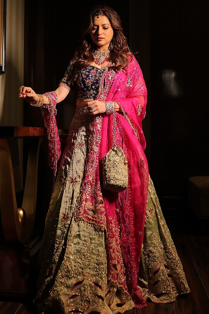 Greenish Silver Tissue Sequins & Zardosi Hand Embroidered Wedding Lehenga Set by Farha Syed at Pernia's Pop Up Shop