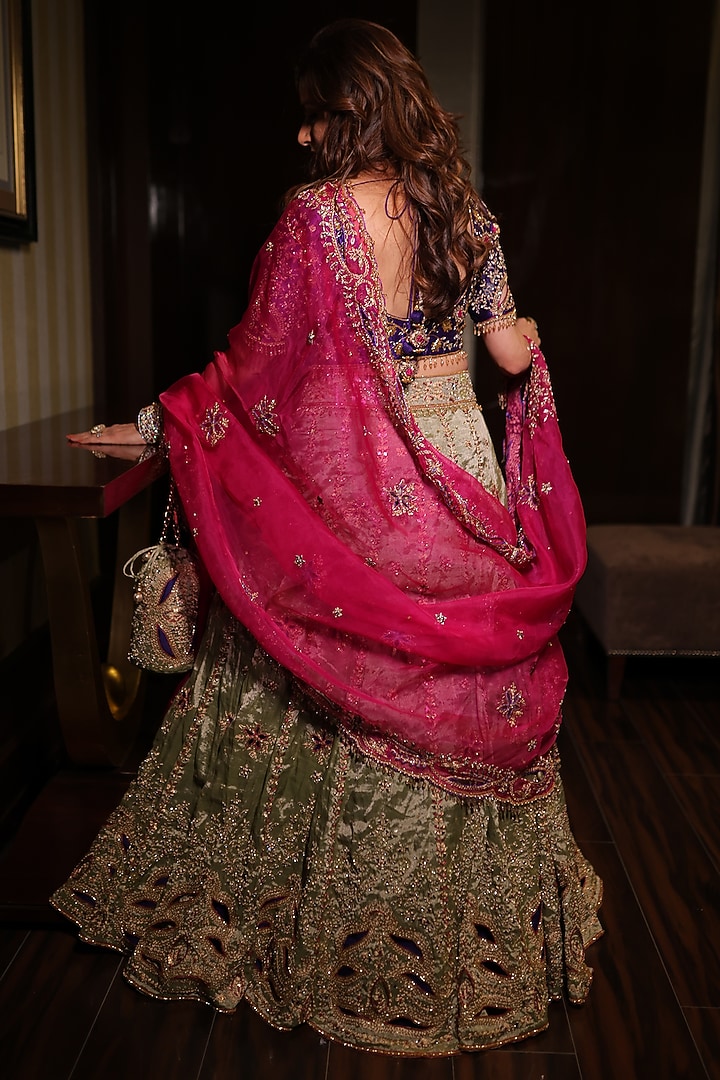 Greenish Silver Tissue Sequins & Zardosi Hand Embroidered Bridal Lehenga Set by Farha Syed at Pernia's Pop Up Shop