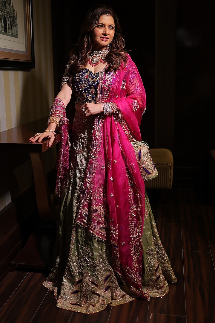 Greenish Silver Tissue Sequins & Zardosi Hand Embroidered Bridal Lehenga Set by Farha Syed at Pernia's Pop Up Shop