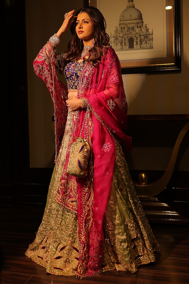 Greenish Silver Tissue Sequins & Zardosi Hand Embroidered Bridal Lehenga Set by Farha Syed at Pernia's Pop Up Shop