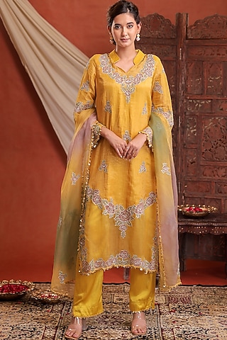 Yellow Chanderi Silk Tissue Hand Embroidered Kurta Set by Farha Syed