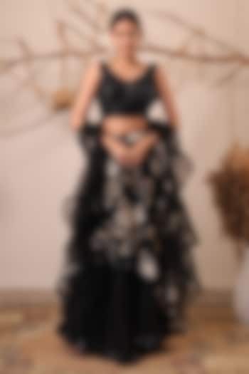 Black Sequins Net & Organza Embroidered Skirt Set by Farha Syed at Pernia's Pop Up Shop