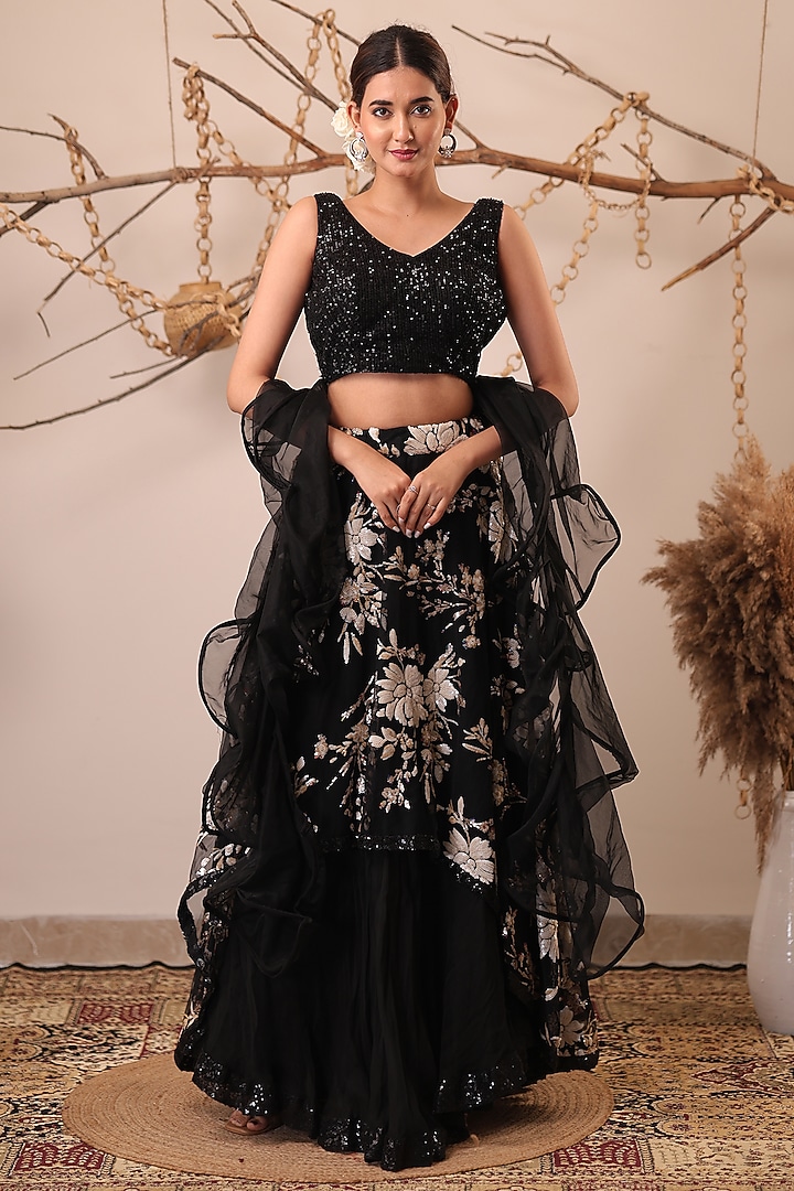 Black Sequins Net & Organza Embroidered Skirt Set by Farha Syed at Pernia's Pop Up Shop