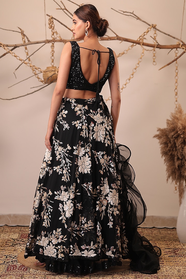Black Sequins Net & Organza Embroidered Skirt Set by Farha Syed at Pernia's Pop Up Shop
