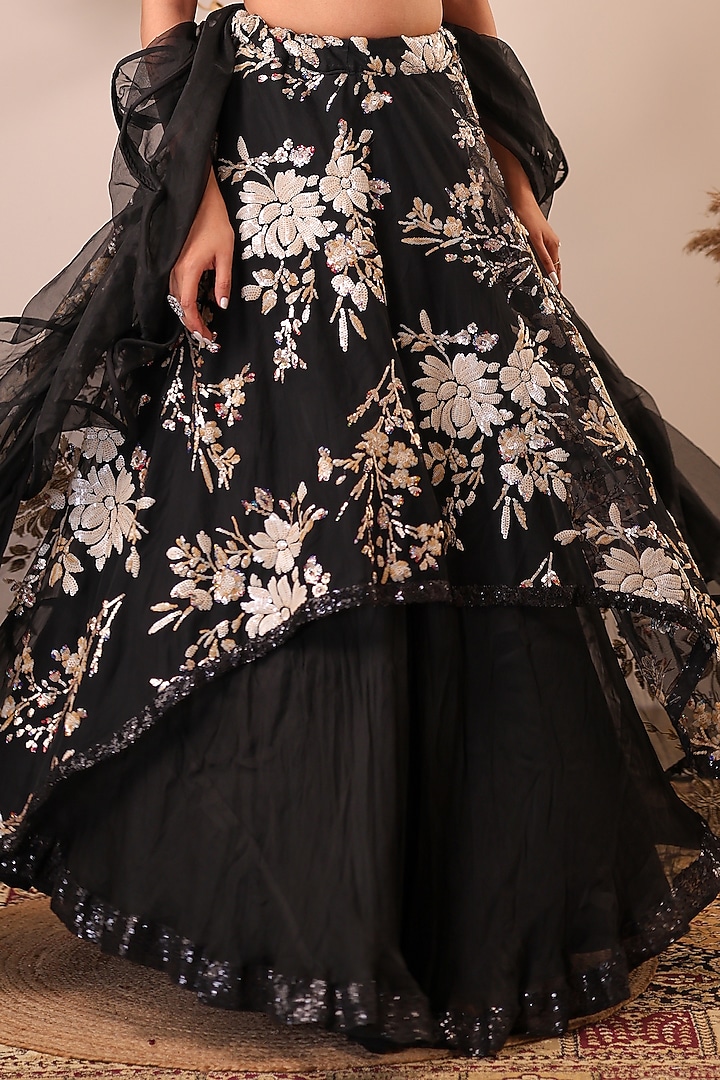 Black Sequins Net & Organza Embroidered Skirt Set by Farha Syed at Pernia's Pop Up Shop