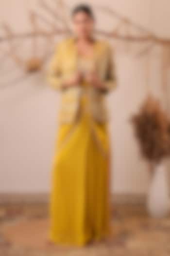 Yellow Chinon Chiffon Pearl Embroidered Jacket Wedding Saree Set by Farha Syed at Pernia's Pop Up Shop