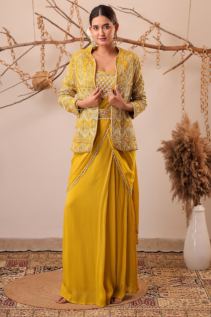 Yellow Chinon Chiffon Pearl Embroidered Jacket Wedding Saree Set by Farha Syed at Pernia's Pop Up Shop