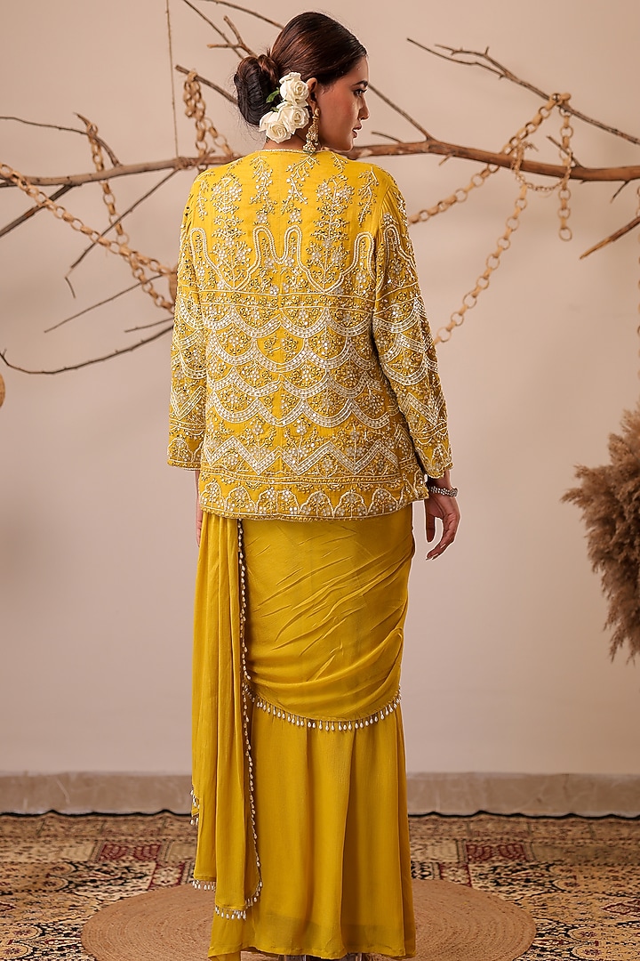 Yellow Chinon Chiffon Pearl Embroidered Jacket Wedding Saree Set by Farha Syed at Pernia's Pop Up Shop
