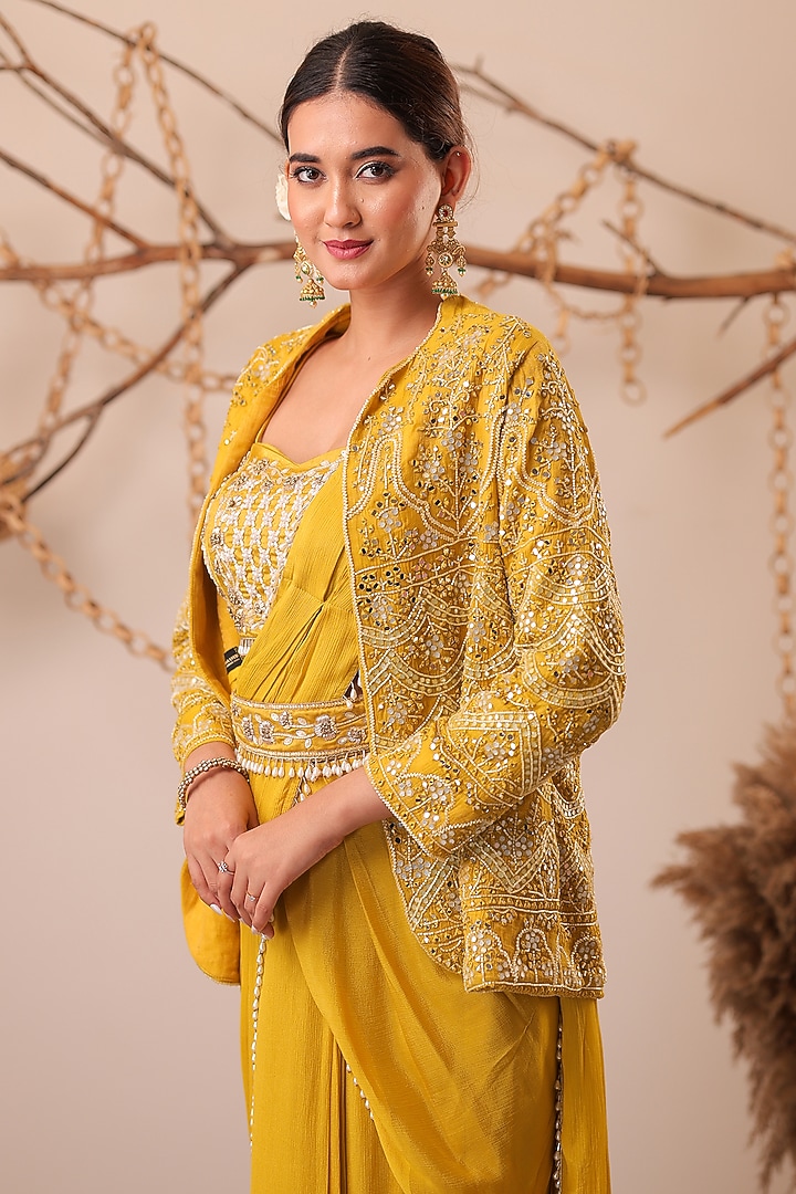 Yellow Chinon Chiffon Pearl Embroidered Jacket Wedding Saree Set by Farha Syed at Pernia's Pop Up Shop