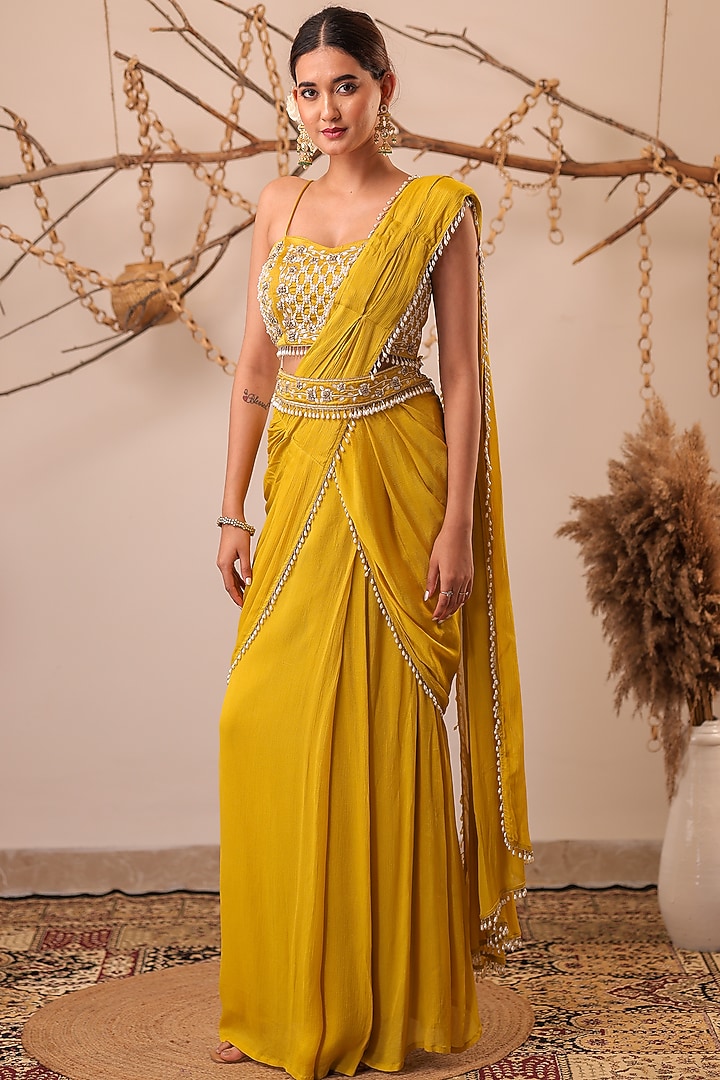 Yellow Chinon Chiffon Pearl Embroidered Jacket Wedding Saree Set by Farha Syed at Pernia's Pop Up Shop