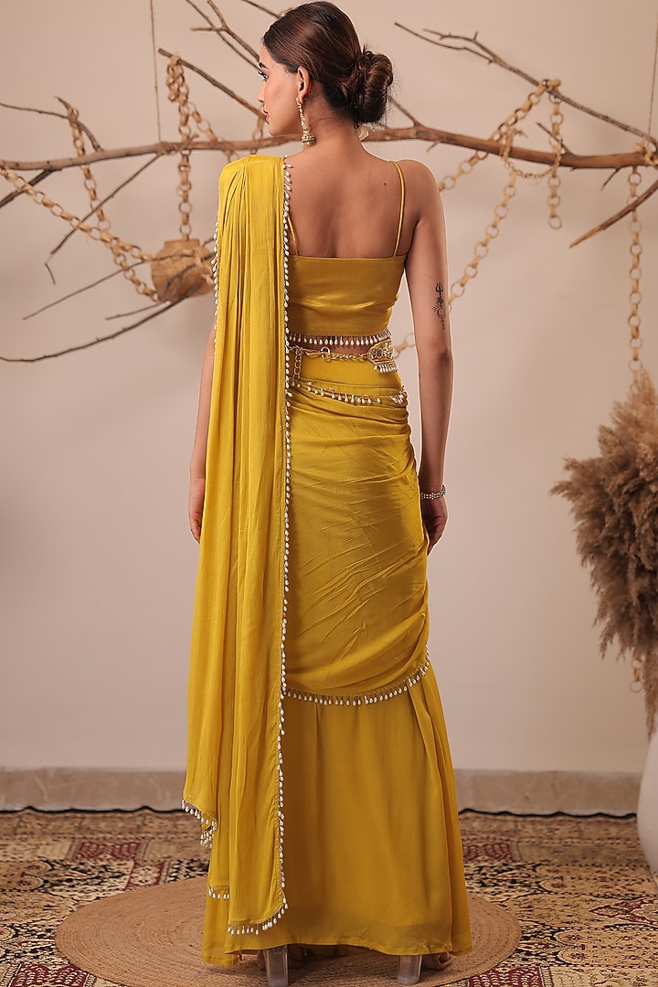 Yellow Chinon Chiffon Pearl Embroidered Jacket Wedding Saree Set by Farha Syed at Pernia's Pop Up Shop