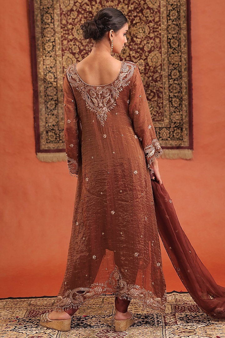 Brown Chanderi Silk Tissue Cutdana Embroidered Kurta Set by Farha Syed at Pernia's Pop Up Shop