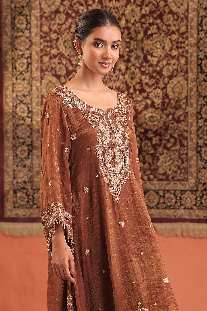 Brown Chanderi Silk Tissue Cutdana Embroidered Kurta Set by Farha Syed at Pernia's Pop Up Shop