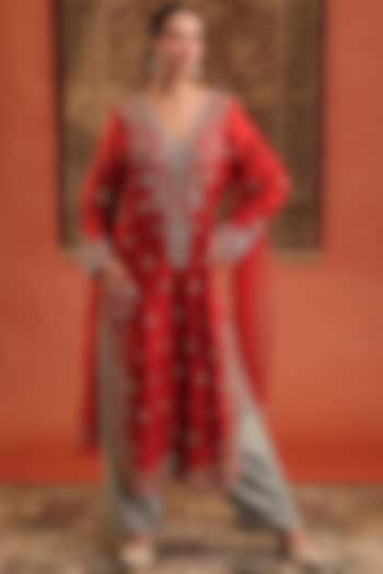 Scarlet Red & Powder Blue Pure Silk Zardosi Hand Embroidered Kurta Set by Farha Syed at Pernia's Pop Up Shop
